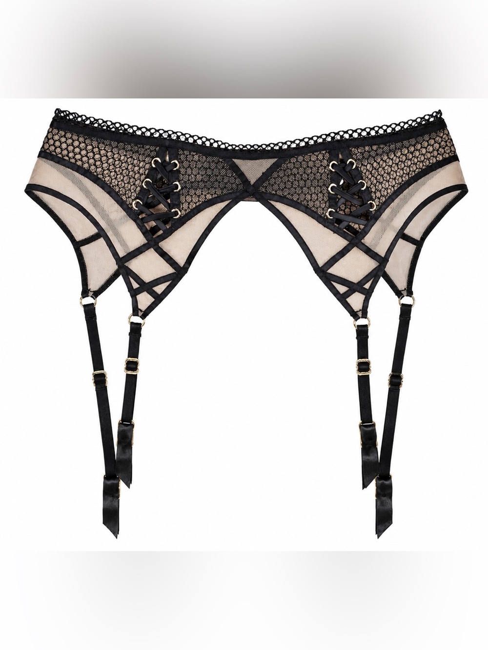 Honey Birdette Toni Black Nude Mesh Lace Up Suspender Garter Belt XS Lingerie